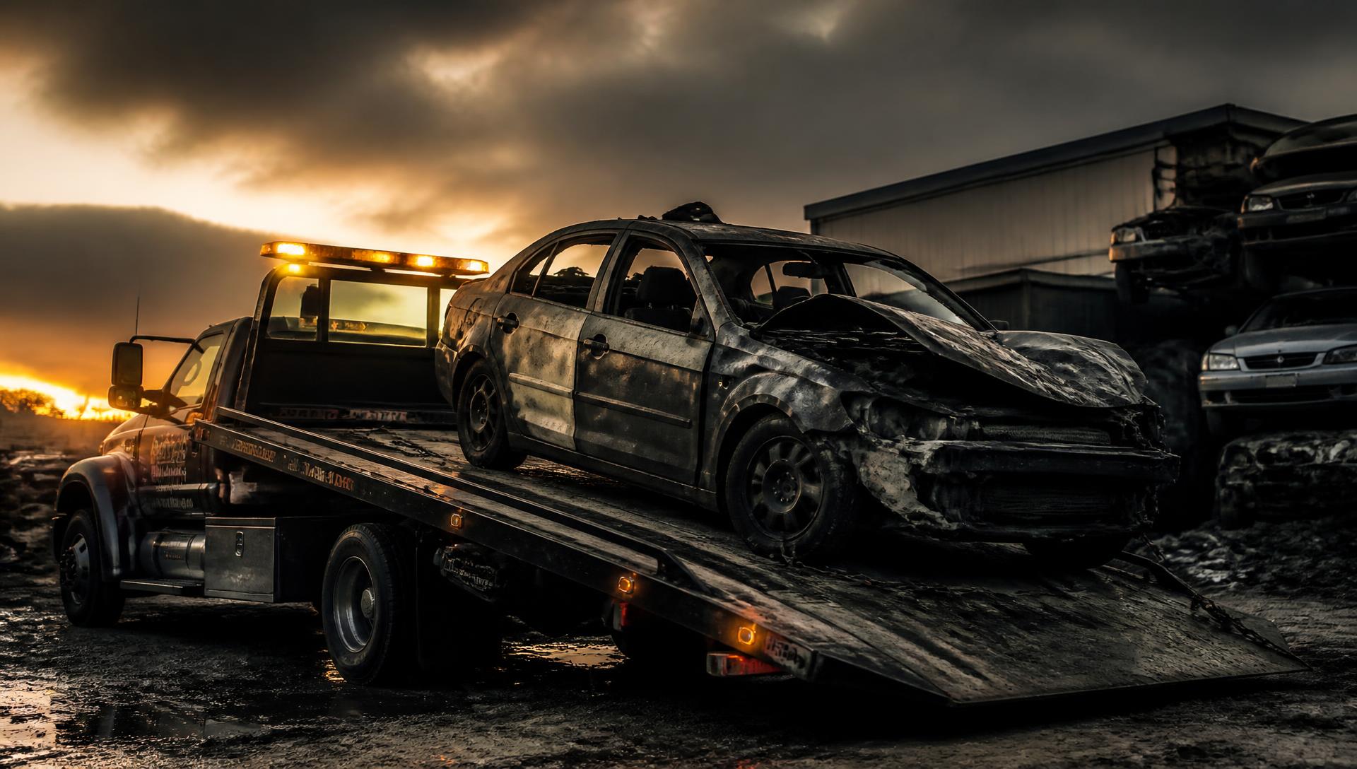 Tow truck loading a wrecked junk car at a Ferguson, Missouri salvage yard
