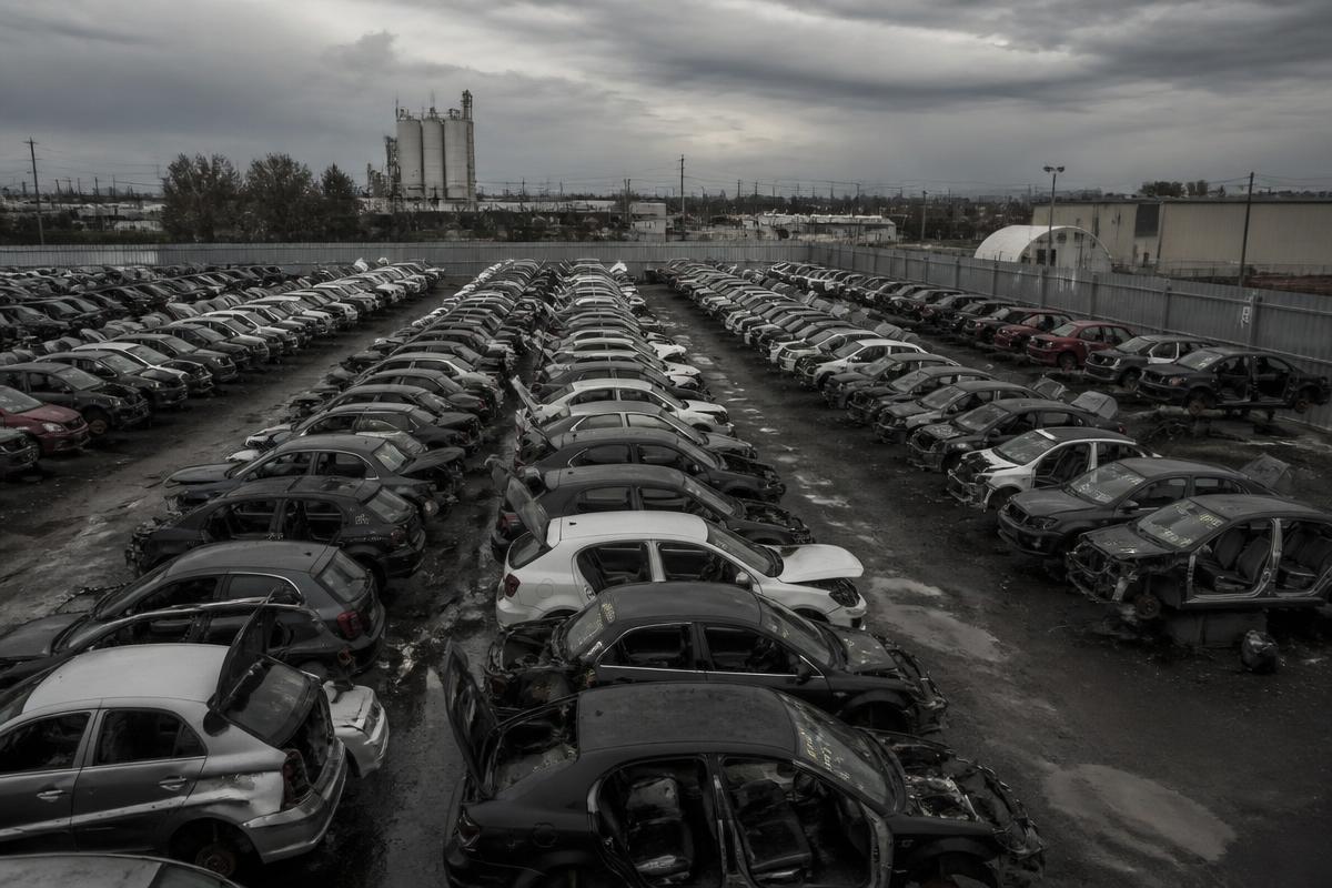 Salvage vehicles at a scrap car recycling yard near Ferguson MO